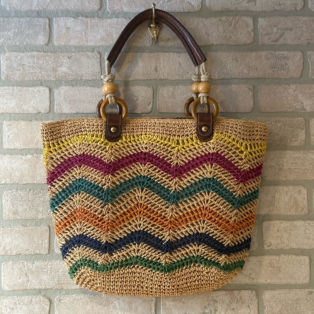 Fossil Multicolor Woven Chevron Straw Tote with Brown Leather Handles